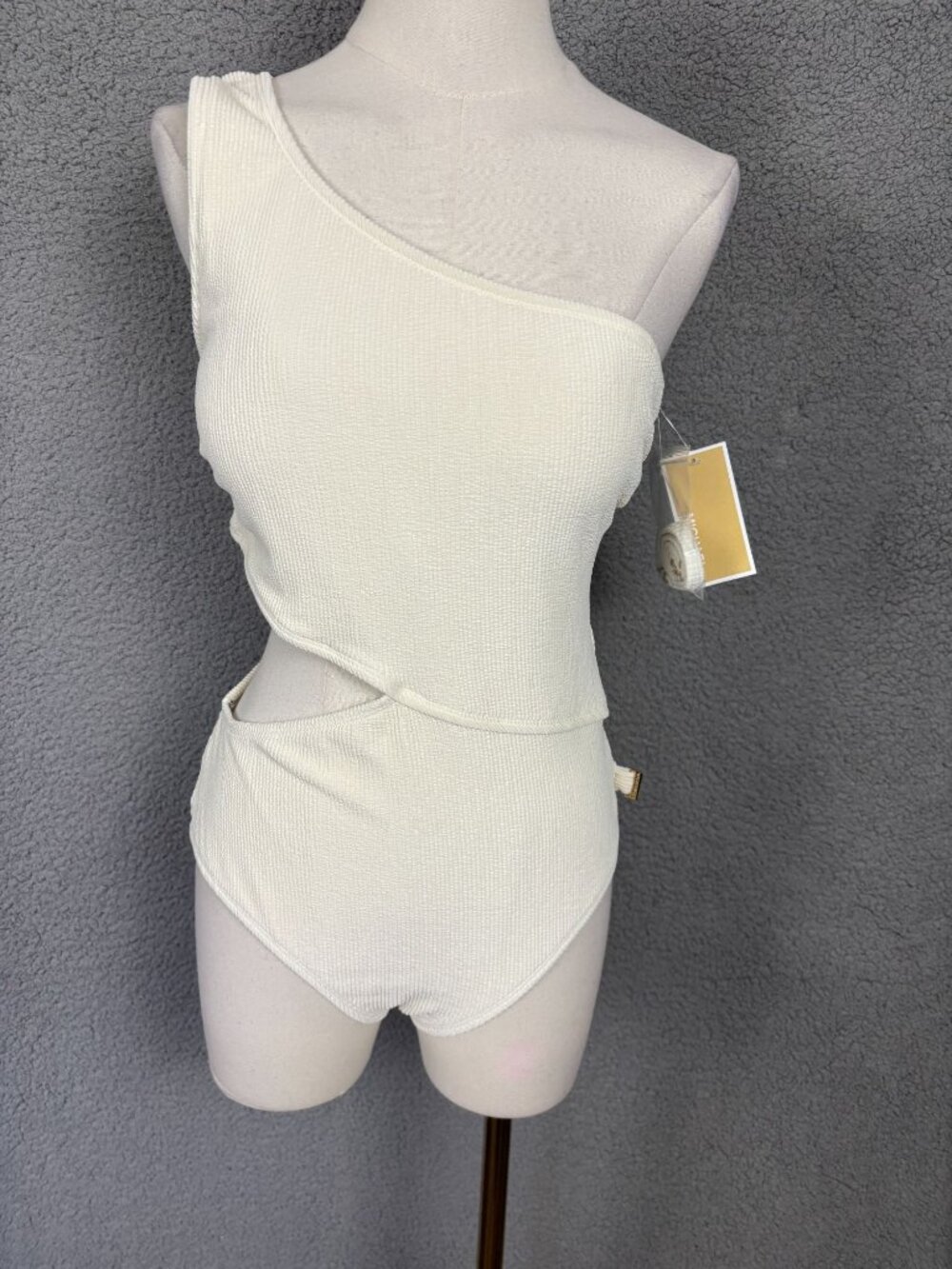 Michael Kors One Shoulder Ribbed Cutout Swimsuit Size 12 Ivory New With Tag's